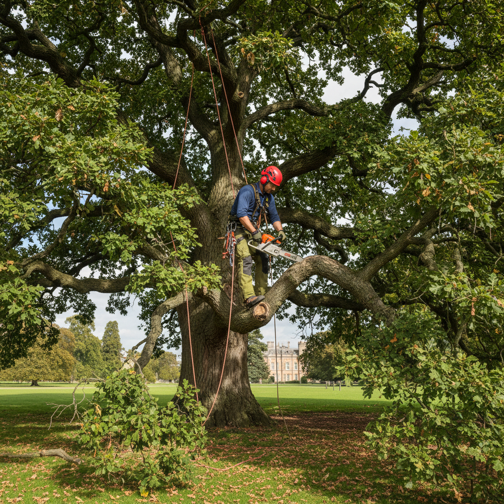Tree surgery in Berkshire — climbing arborist on a mature English oak