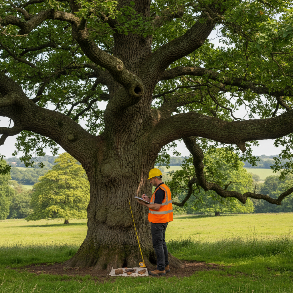 BS5837 tree survey & inspection — measuring a veteran oak in South East parkland