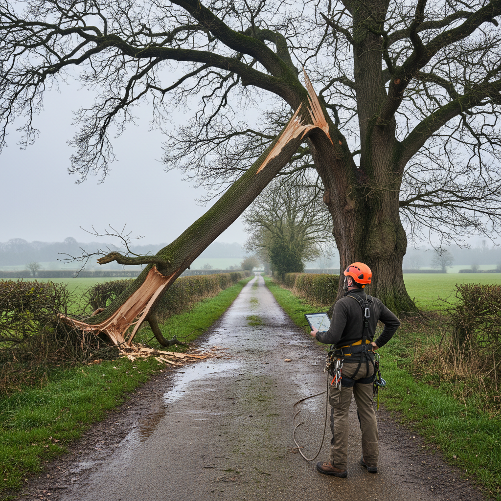 Storm damage assessment — split limb on a country lane in Sussex