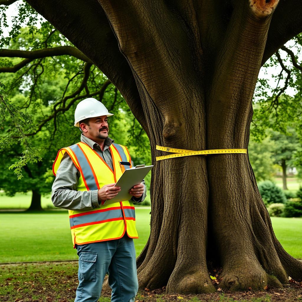 BS5837 tree survey on a development site, Berkshire — measuring stem diameter on a mature oak