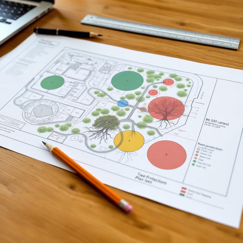 Tree Constraints Plan (TCP) drawing — canopy spreads, root protection areas and BS5837 categories overlaid on a site layout