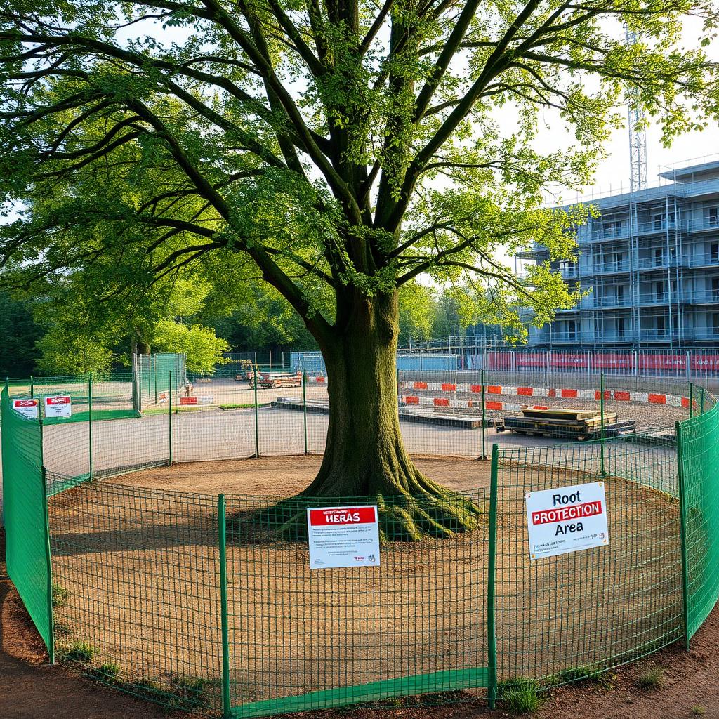 Tree Protection Plan in action — Heras fencing and root protection area around a retained oak on an active build