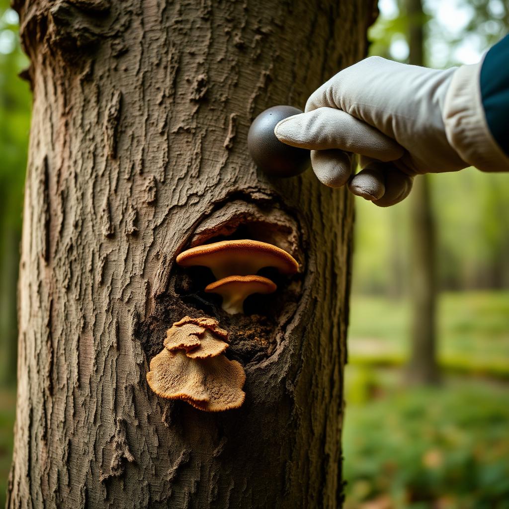 Decay and risk inspection — sounding test next to bracket fungi on a mature beech